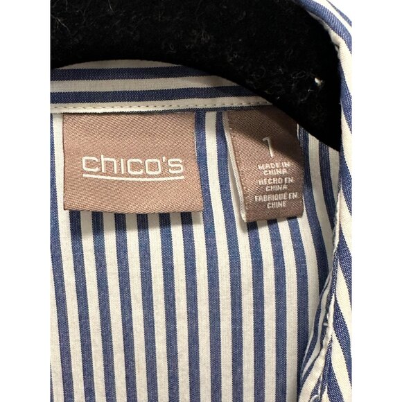 🍒 2/$20 Navy Blue & White Striped Button-Down Blouse, Embroidered Flowers sz M - Picture 5 of 8